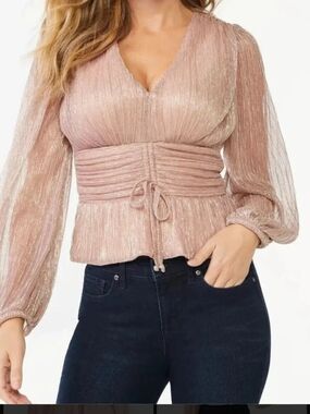 sofia by sofia vergara Metallic Blush Pink V-Neck Peplum Blouse